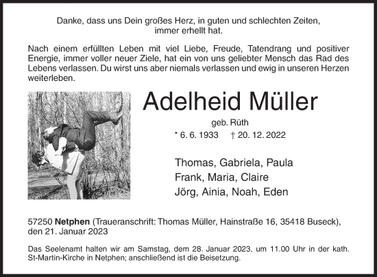 Traueranzeige von Adelheid Müller von Siegener Zeitung