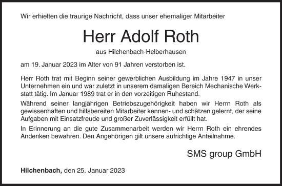 Traueranzeige von Adolf Roth von Siegener Zeitung