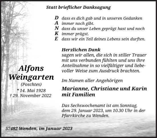 Traueranzeige von Alfons Weingarten von Siegener Zeitung