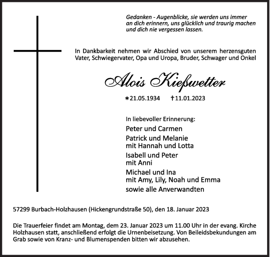 Traueranzeige von Alois Kießwetter von Siegener Zeitung