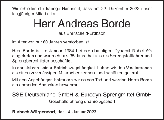 Traueranzeige von Andreas Borde von Siegener Zeitung