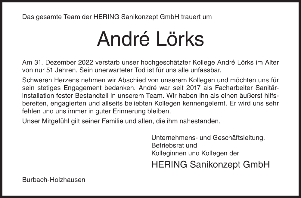  Traueranzeige für André Lörks vom 05.01.2023 aus Siegener Zeitung