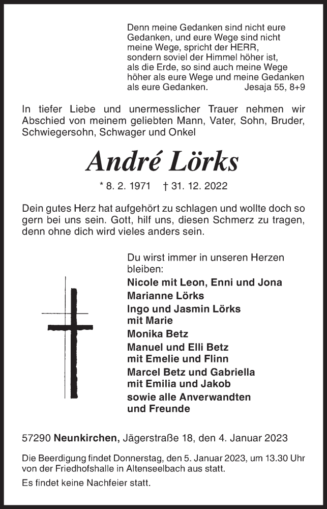  Traueranzeige für André Lörks vom 04.01.2023 aus Siegener Zeitung