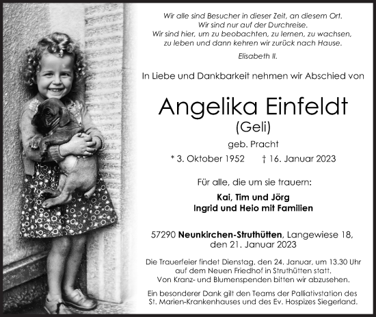 Traueranzeige von Angelika Einfeldt von Siegener Zeitung