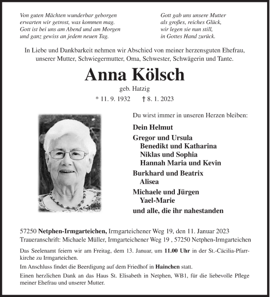 Traueranzeige von Anna Kölsch von Siegener Zeitung