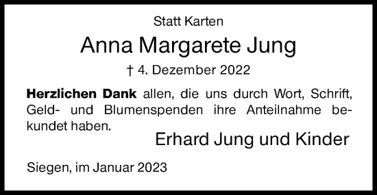 Traueranzeige von Anna Margarete Jung von Siegener Zeitung