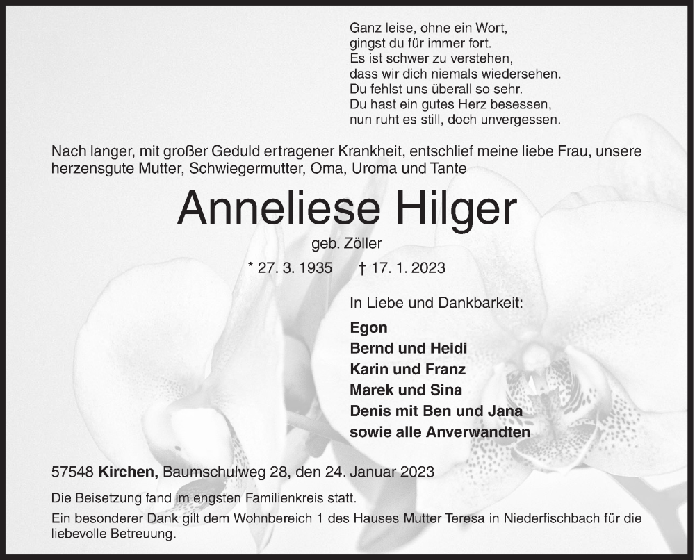  Traueranzeige für Anneliese Hilger vom 24.01.2023 aus Siegener Zeitung