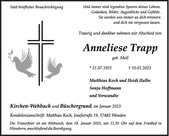 Traueranzeige von Anneliese Trapp von Siegener Zeitung