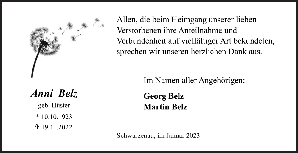  Traueranzeige für Anni Belz vom 14.01.2023 aus Siegener Zeitung