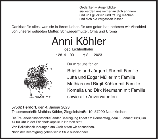 Traueranzeige von Anni Köhler von Siegener Zeitung