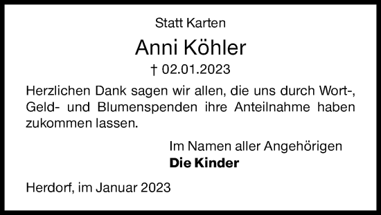 Traueranzeige von Anni Köhler von Siegener Zeitung