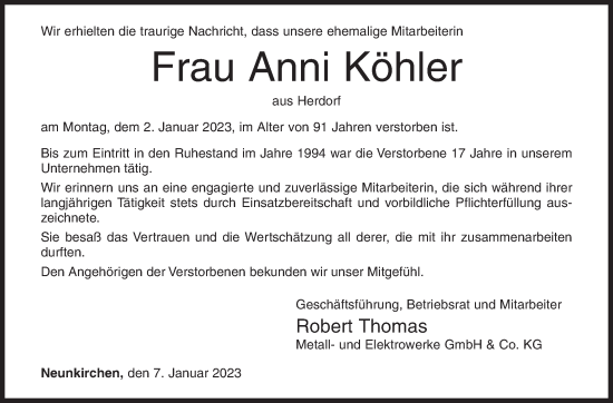 Traueranzeige von Anni Köhler von Siegener Zeitung