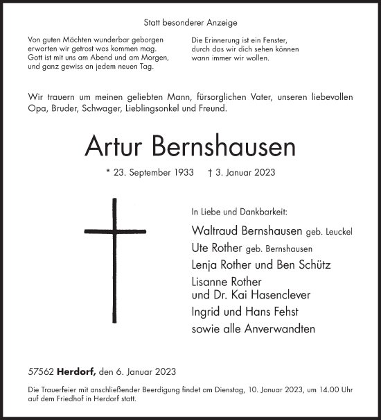 Traueranzeige von Artur Bernshausen von Siegener Zeitung