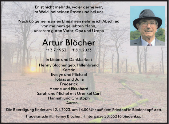 Traueranzeige von Artur Blöcher von Siegener Zeitung