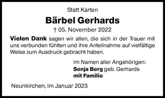 Traueranzeige von Bärbel  Gerhards von Siegener Zeitung