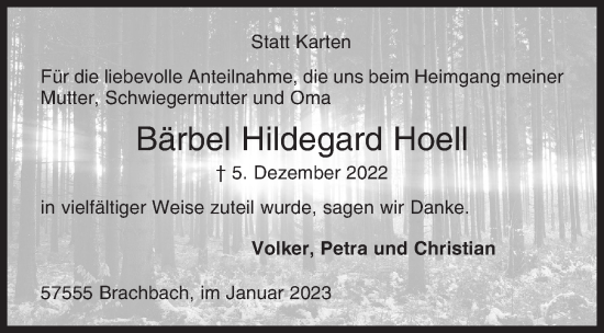 Traueranzeige von Bärbel Hildegard Hoell von Siegener Zeitung
