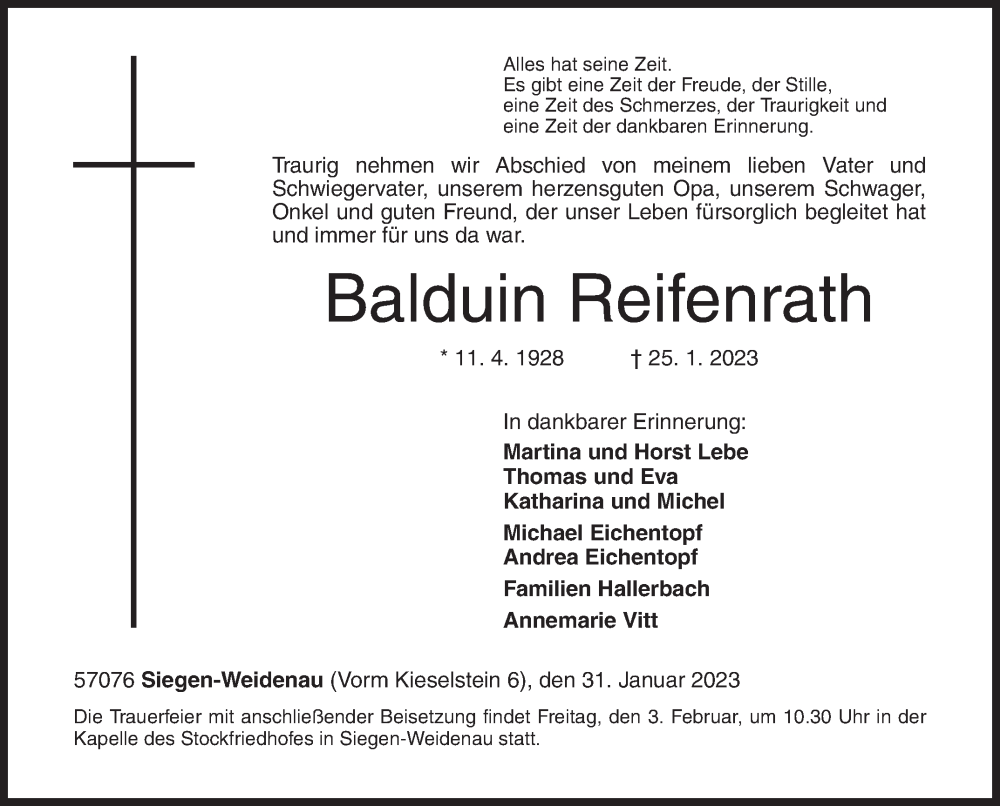  Traueranzeige für Balduin Reifenrath vom 31.01.2023 aus Siegener Zeitung