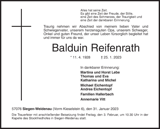 Traueranzeige von Balduin Reifenrath von Siegener Zeitung