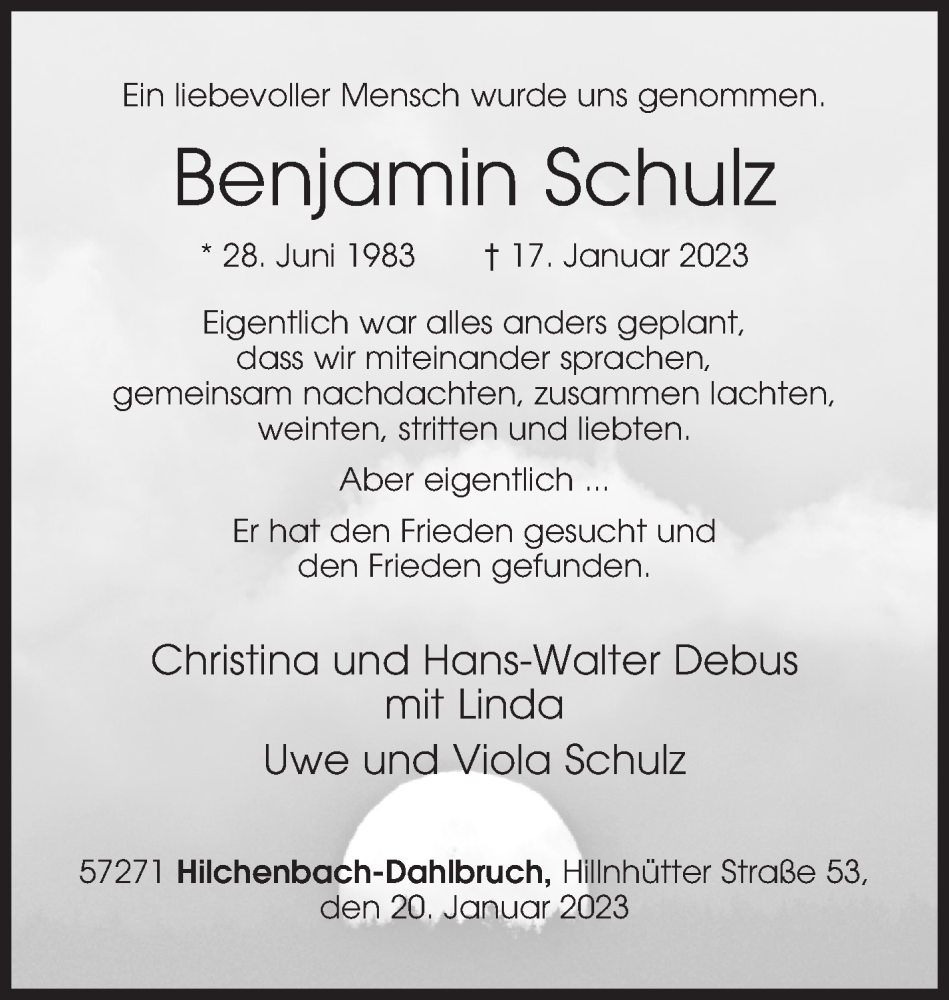  Traueranzeige für Benjamin Schulz vom 20.01.2023 aus Siegener Zeitung
