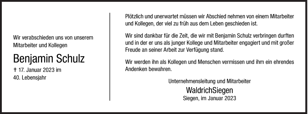  Traueranzeige für Benjamin Schulz vom 25.01.2023 aus Siegener Zeitung
