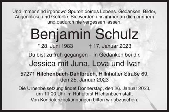 Traueranzeige von Benjamin Schulz von Siegener Zeitung