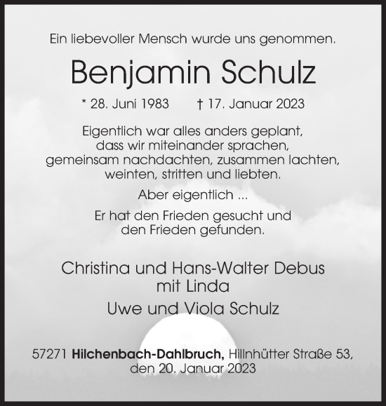Traueranzeige von Benjamin Schulz von Siegener Zeitung