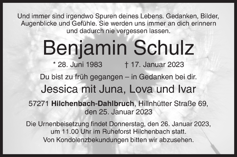  Traueranzeige für Benjamin Schulz vom 25.01.2023 aus Siegener Zeitung