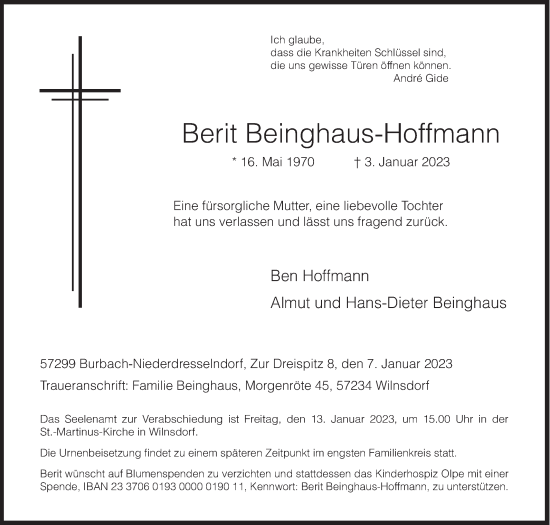 Traueranzeige von Berit Beinghaus-Hoffmann von Siegener Zeitung