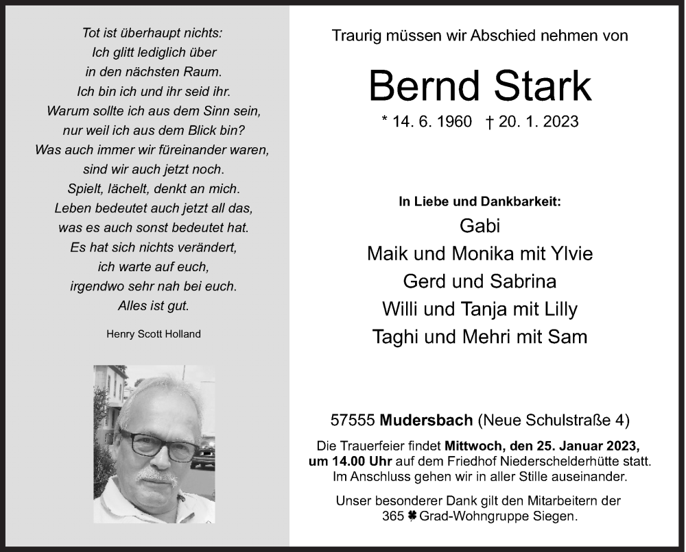  Traueranzeige für Bernd Stark vom 24.01.2023 aus Siegener Zeitung