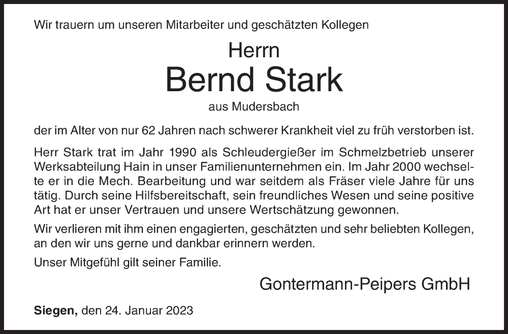  Traueranzeige für Bernd Stark vom 24.01.2023 aus Siegener Zeitung