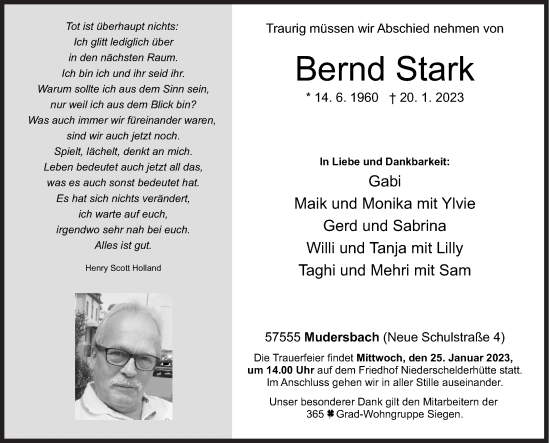 Traueranzeige von Bernd Stark von Siegener Zeitung