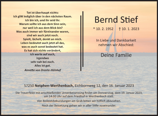 Traueranzeige von Bernd Stief von Siegener Zeitung