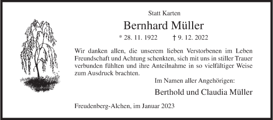 Traueranzeige von Bernhard Müller von Siegener Zeitung