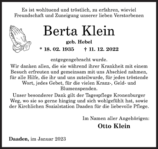 Traueranzeige von Berta Klein von Siegener Zeitung