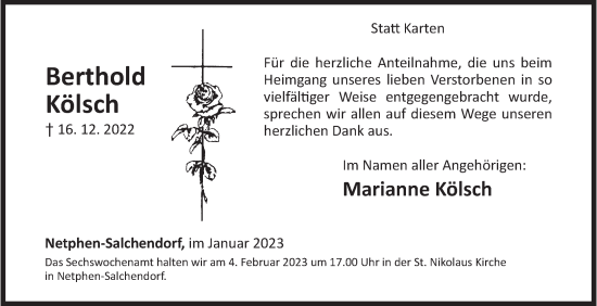 Traueranzeige von Berthold Kölsch von Siegener Zeitung