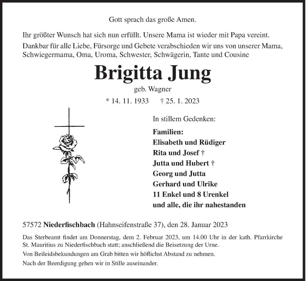  Traueranzeige für Brigitta Jung vom 28.01.2023 aus Siegener Zeitung