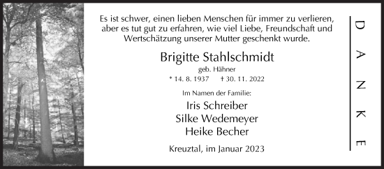Traueranzeige von Brigitte Stahlschmidt von Siegener Zeitung