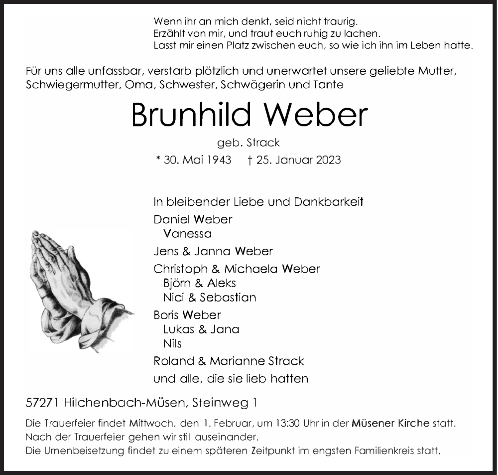  Traueranzeige für Brunhild Weber vom 28.01.2023 aus Siegener Zeitung