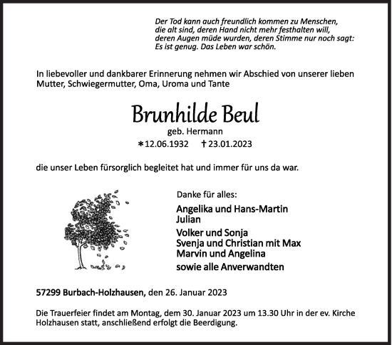 Traueranzeige von Brunhilde Beul von Siegener Zeitung