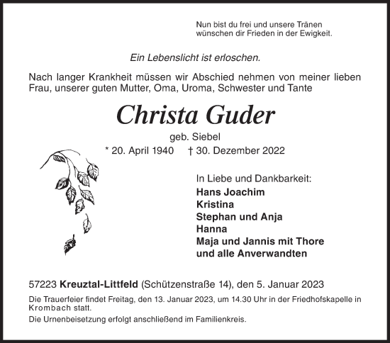 Traueranzeige von Christa Guder von Siegener Zeitung