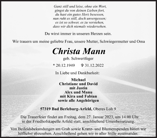 Traueranzeige von Christa Mann von Siegener Zeitung