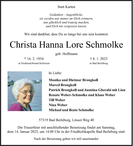 Traueranzeige von Christa Hanna Lore Schmolke von Siegener Zeitung