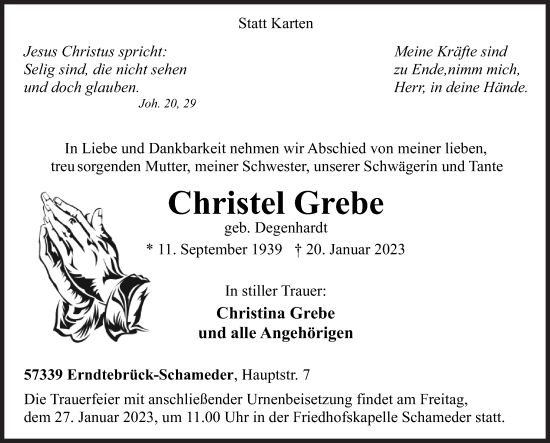 Traueranzeige von Christel Grebe von Siegener Zeitung