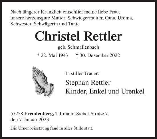 Traueranzeige von Christel Rettler von Siegener Zeitung