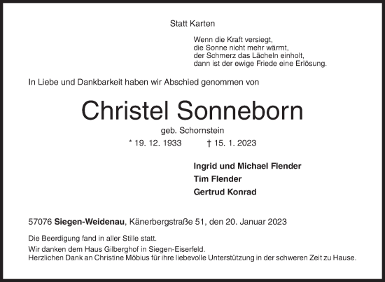 Traueranzeige von Christel Sonneborn von Siegener Zeitung