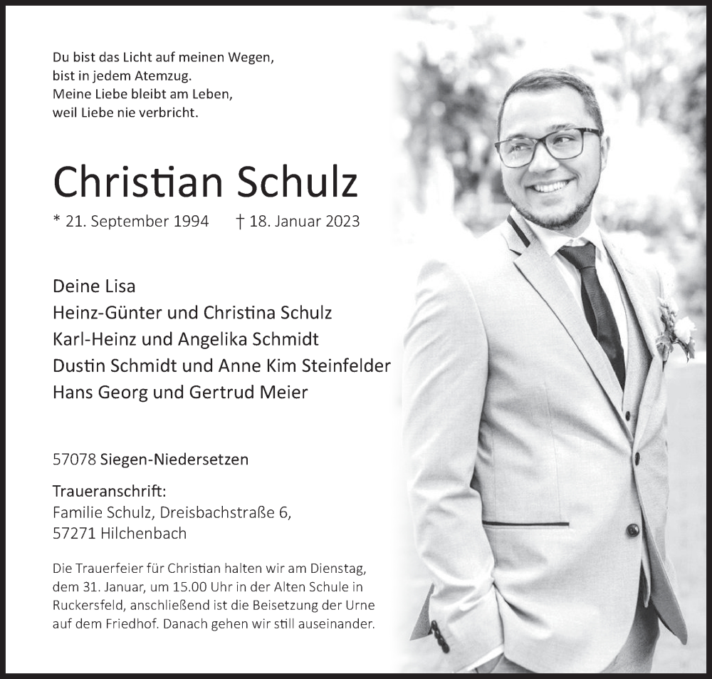  Traueranzeige für Christian Schulz vom 27.01.2023 aus Siegener Zeitung