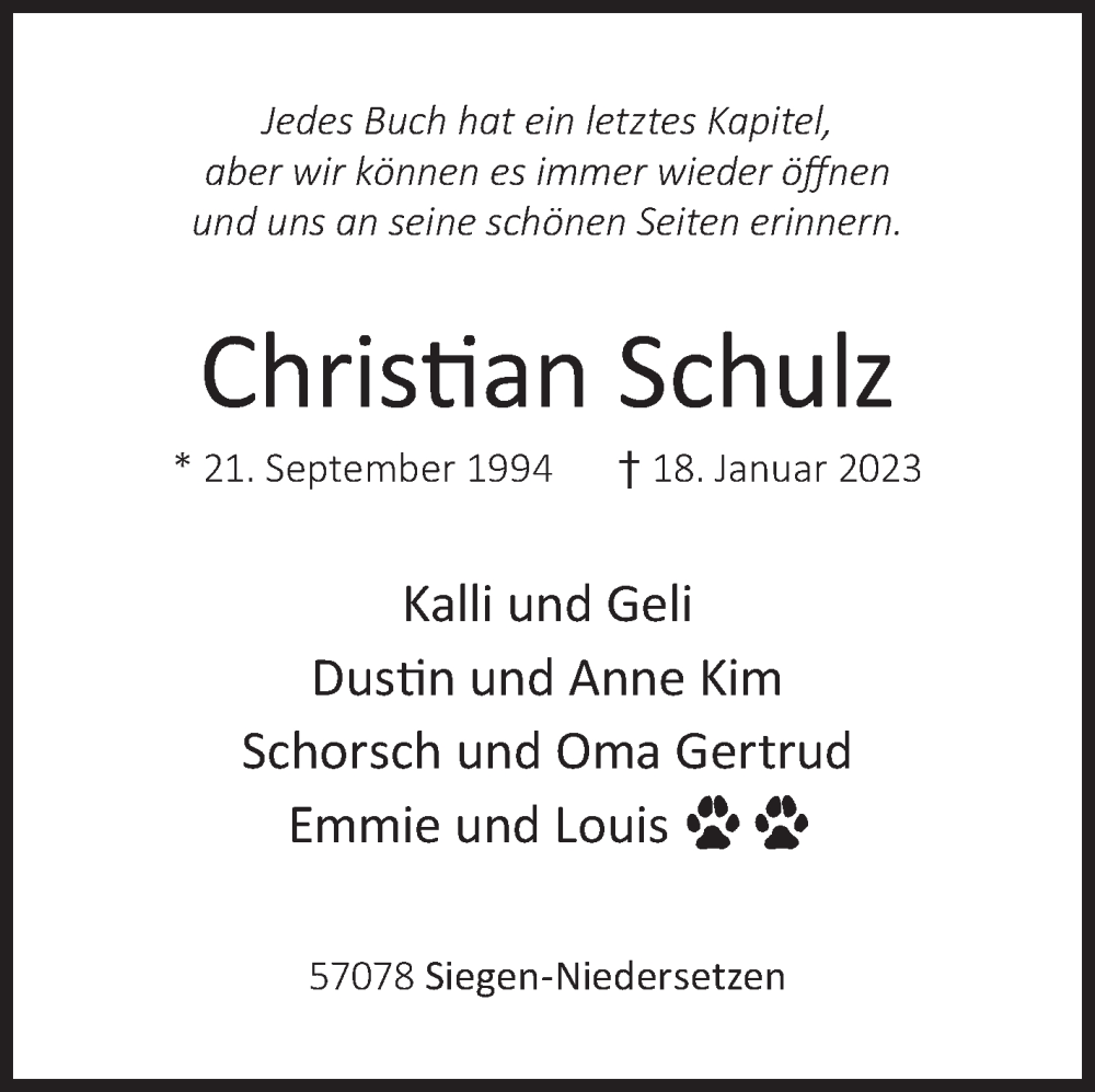  Traueranzeige für Christian Schulz vom 27.01.2023 aus Siegener Zeitung