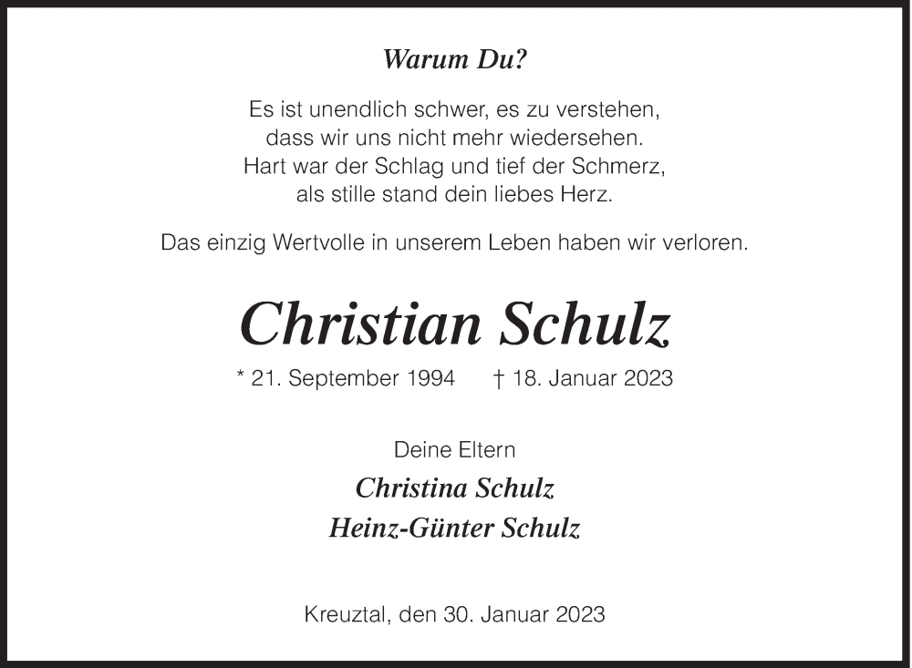  Traueranzeige für Christian Schulz vom 30.01.2023 aus Siegener Zeitung