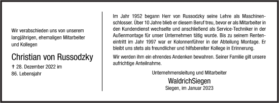 Traueranzeige von Christian von Russodzky von Siegener Zeitung