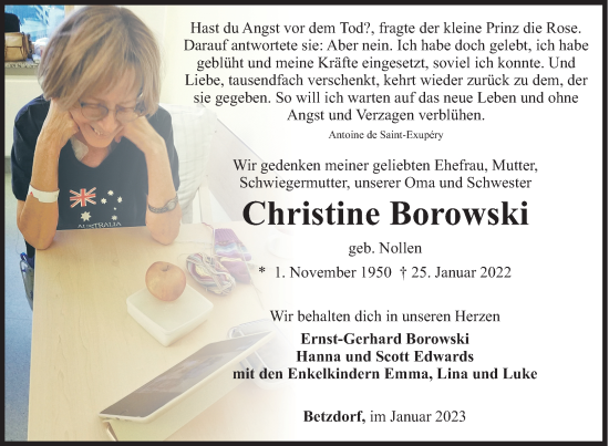 Traueranzeige von Christine Borowski von Siegener Zeitung